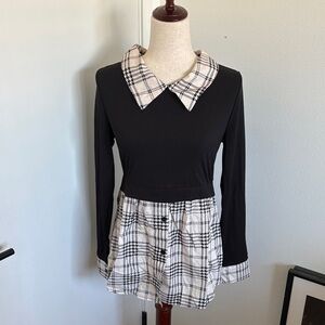 Black and Cream Houndstooth Trim Long Sleeve Blouse